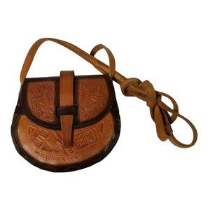 Peru Leather Purse Crossbody Satchel Bag Llama Vtg Embossed Flap Brown Meso Art